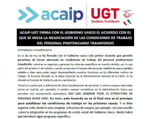 ACAIP-UGT FIRMA CON EL GOBIERNO VASCO EL ACUERDO CON EL QUE SE INICIA LA NEGOCIACIÓN DE LAS CONDICIONES DE TRABAJO DEL PERSONAL PENITENCIARIO TRANSFERIDO